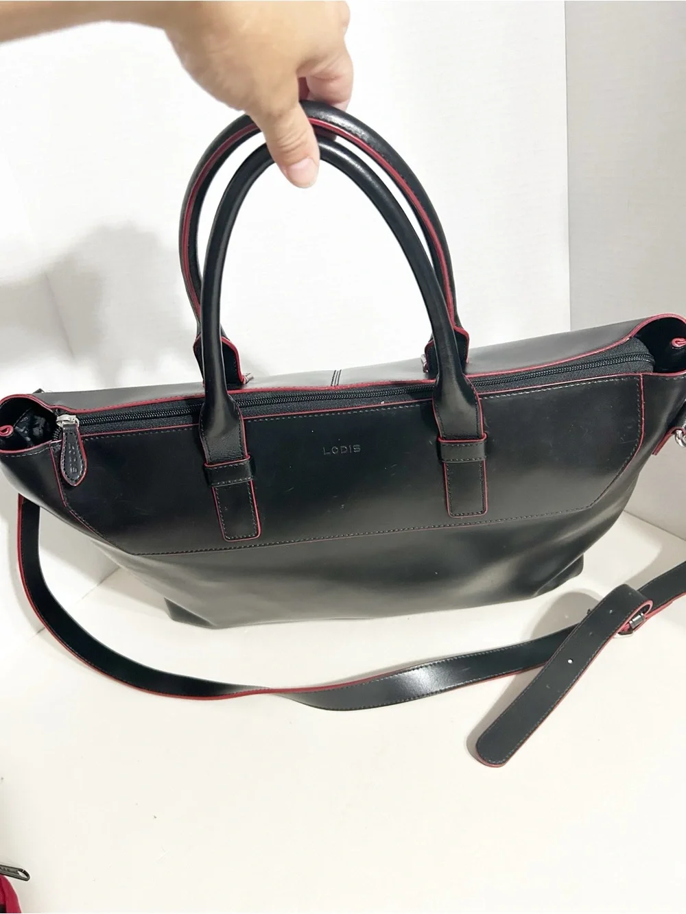 Lodis Black Leather Tote Bag Red Trim Zip Top Shoulder Crossbody Bag Top Handles